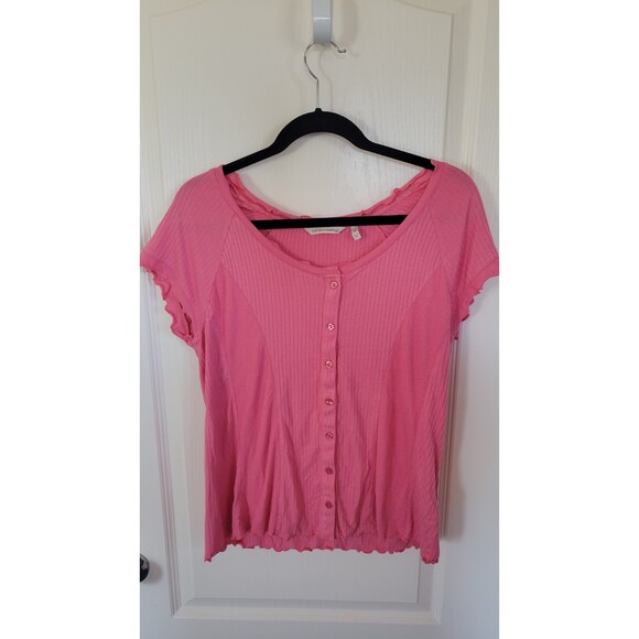 Women's Soft Surroundings Pink Button Down Ribbed Short Sleeve Shirt - Picture 1 of 4